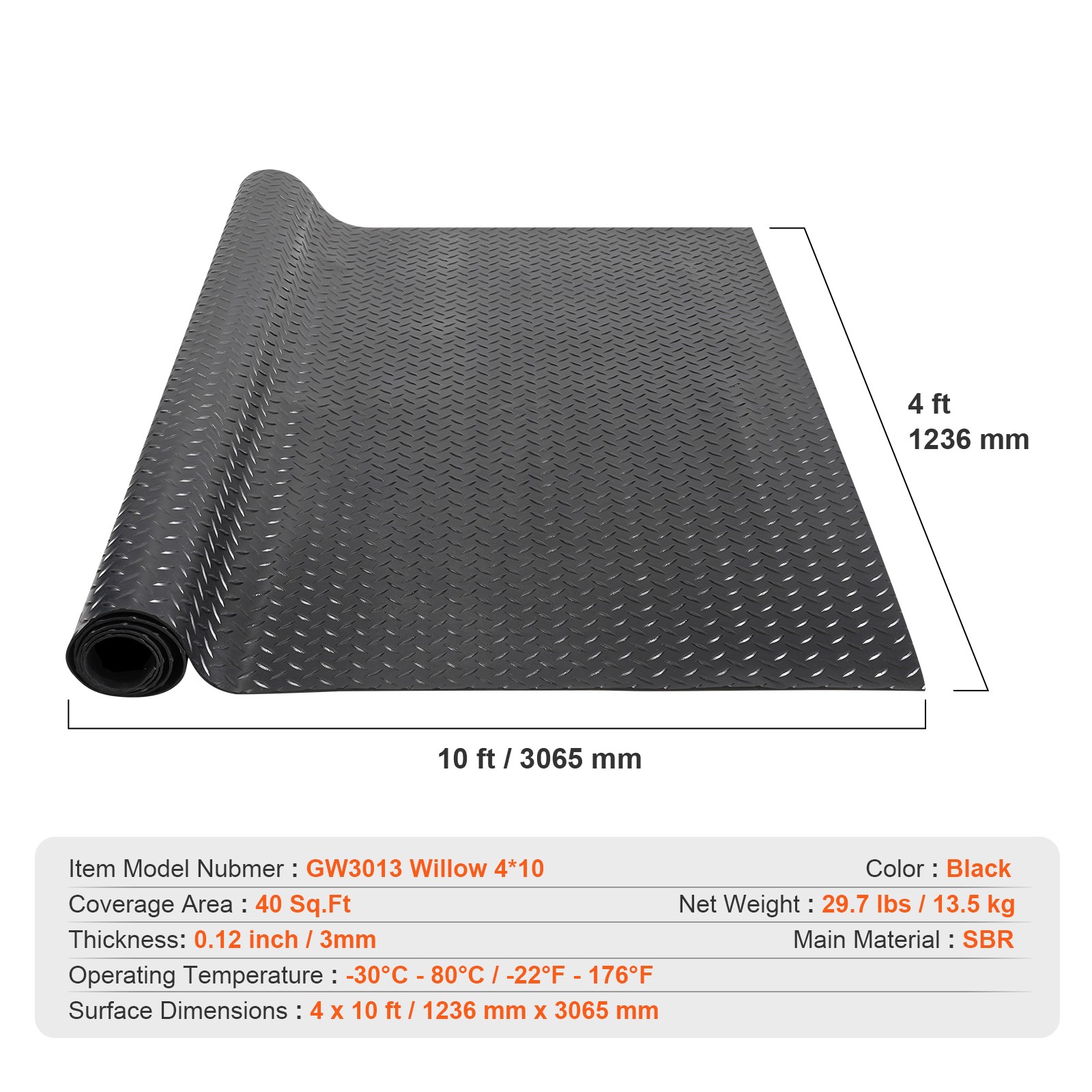 Uimoso Diamond-Plate Rubber Flooring Roll 3mm x 4ft x 10ft Garage Floor Mat SBR