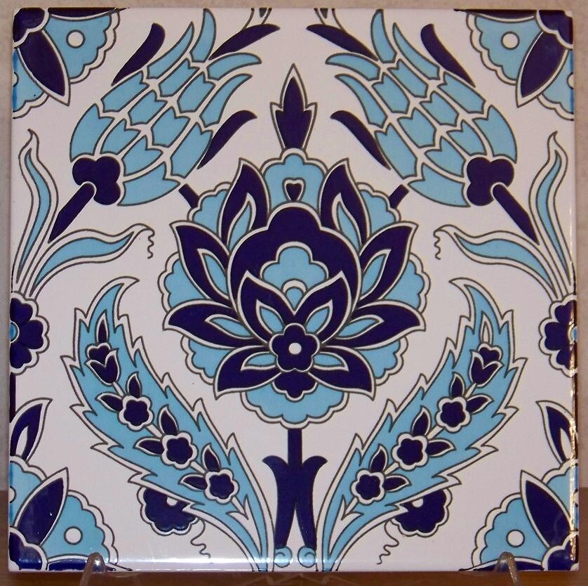 4 8″X8″ (40cm x 40cm) Turkish Iznik Blue Tulip & Floral Pattern Ceramic Tile