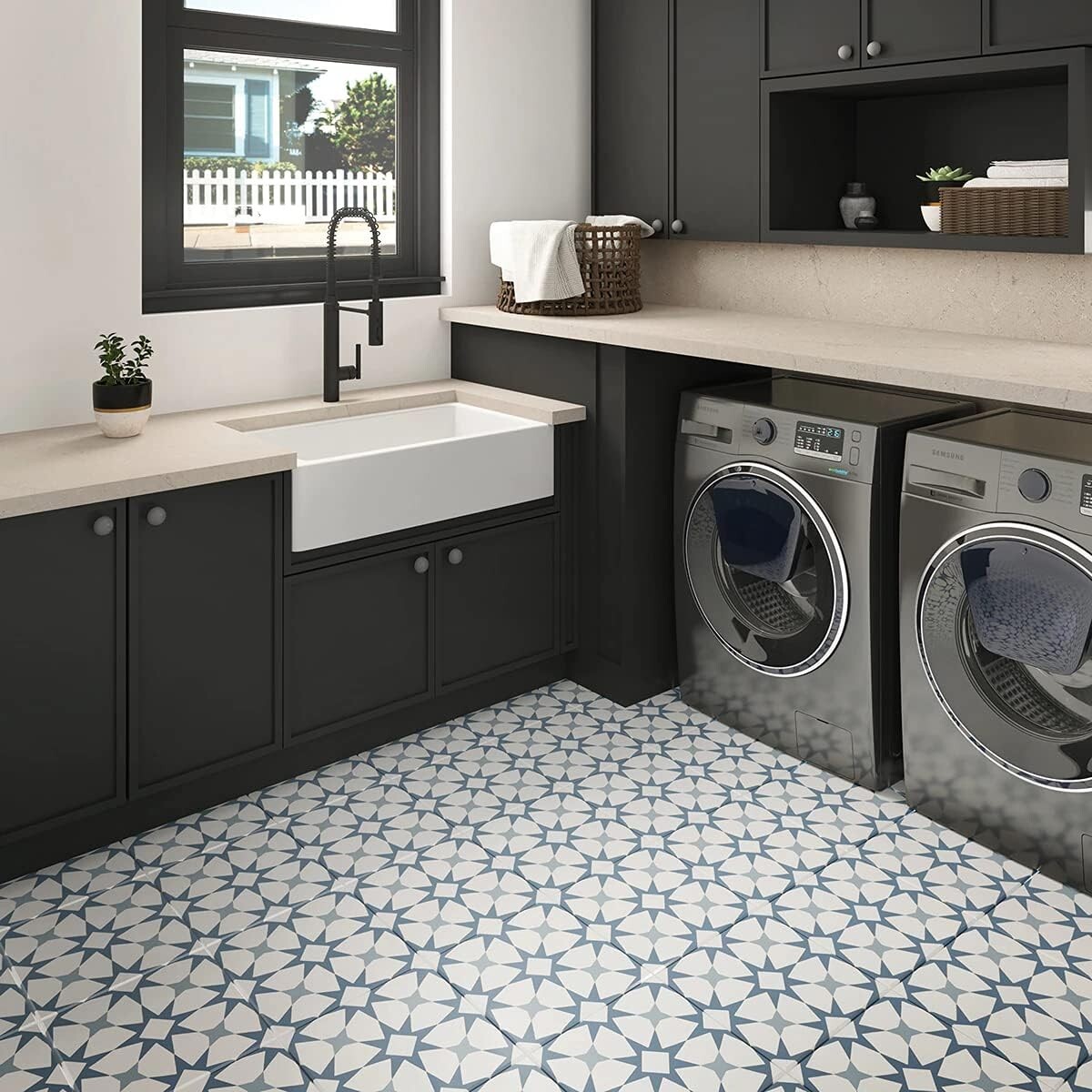 12×12 Calais Sky Geometric Encaustic Pattern Matte Ceramic Floor Tile Pack of 4