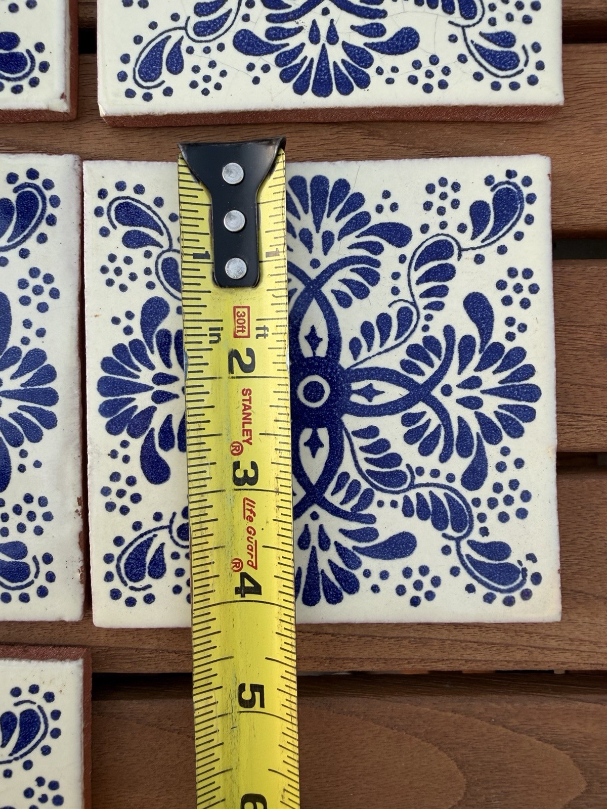MEXICAN TALAVERA TILES 4×4 TERRACOTTA & WHITE BLUE FOLK ART