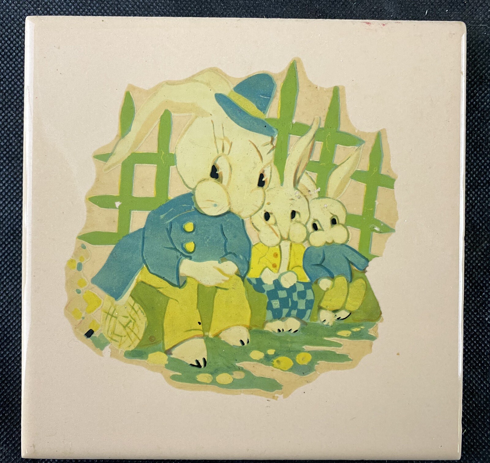 Vintage Rabbit Bunny Anthropomorphic Ceramic Tiles Set of 2 cork backed