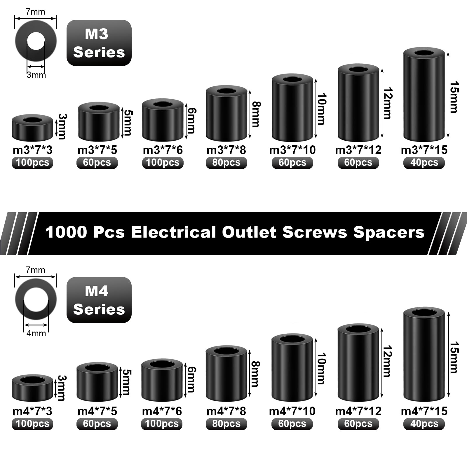 1000 Pcs Black Nylon Round Spacers for M3 M4 Screws, Electrical M3+M4, black