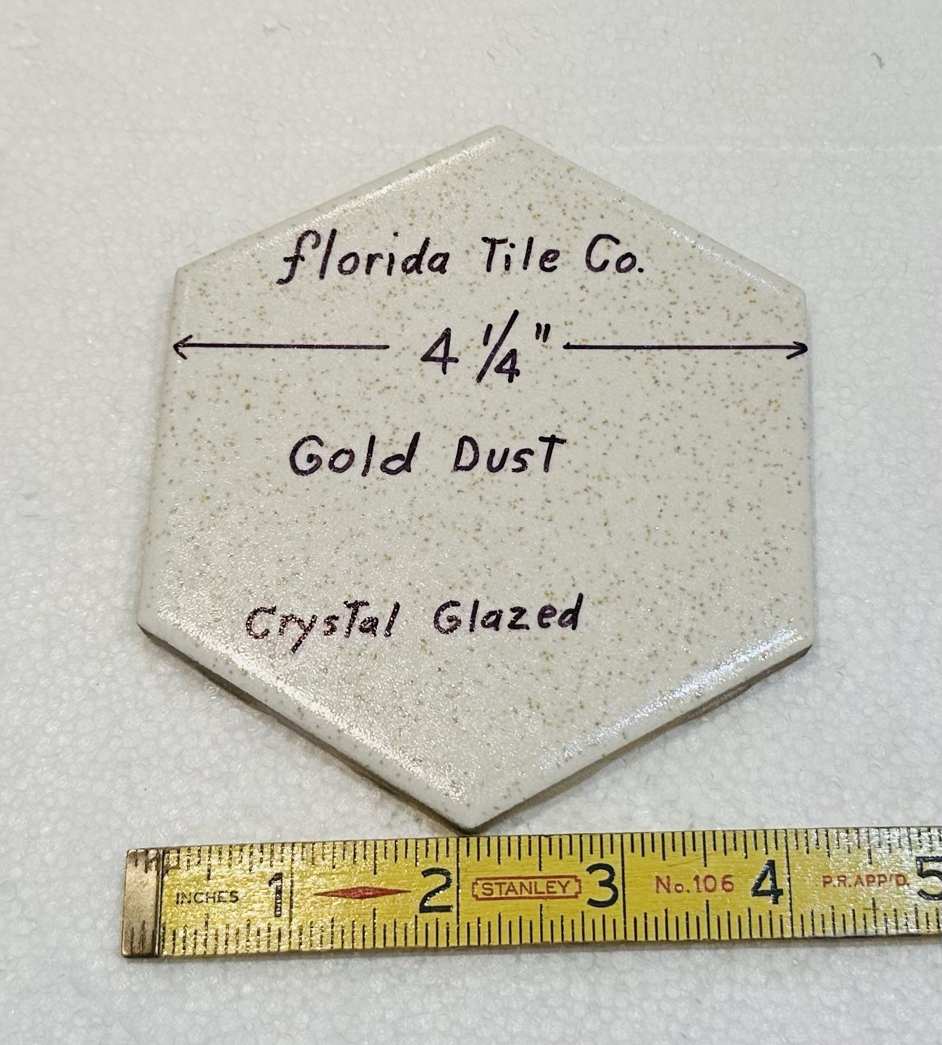 1 pc. 4-1/4″ Gold Dust: Hexagon Crystal Glazed Ceramic Tile by Florida Co. NOS