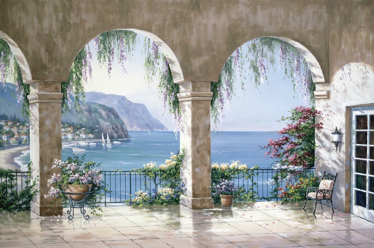 Ceramic Tile Mural Kitchen Backsplash – SK-Mediterranean Arch – Tuscan Landscape
