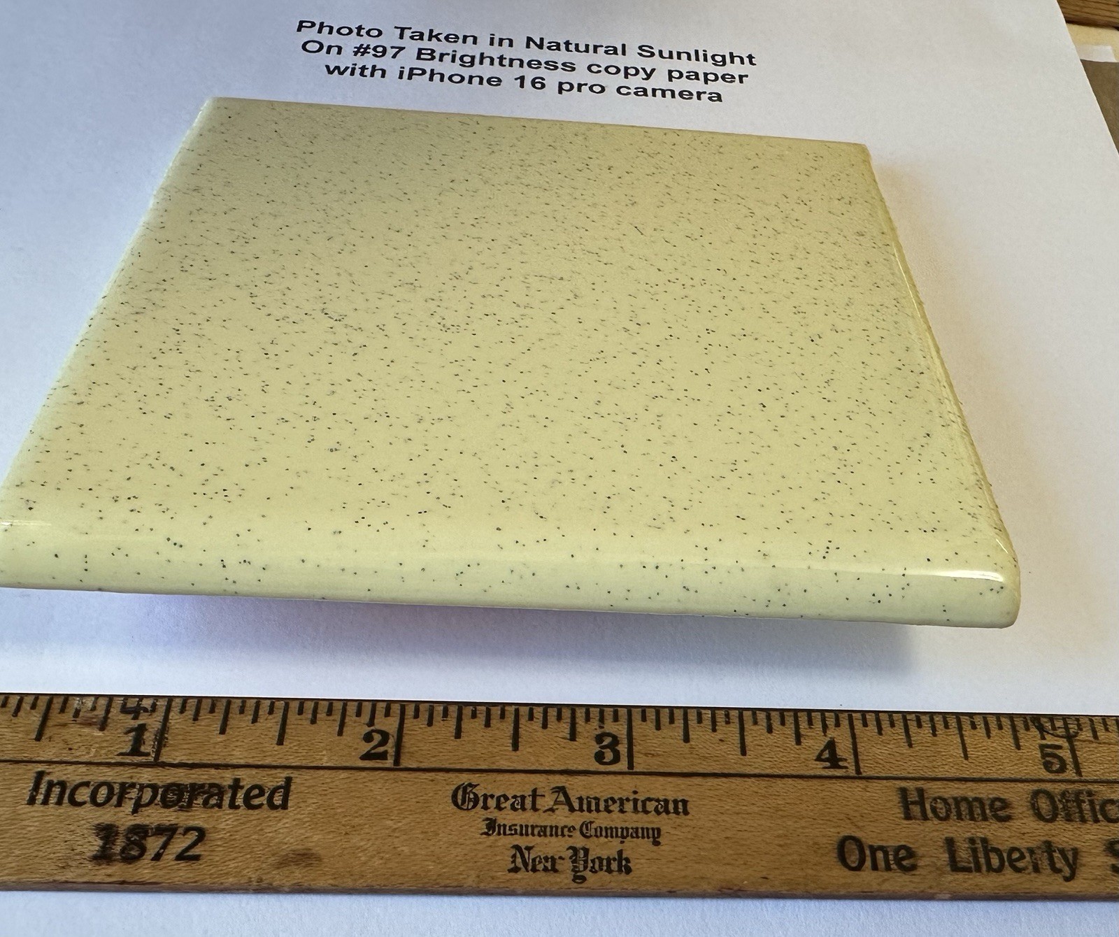 1 pc. Speckled Yellow Color: 4-1/4″ Glossy Ceramic Bullnose Tile, by Oxford Co.