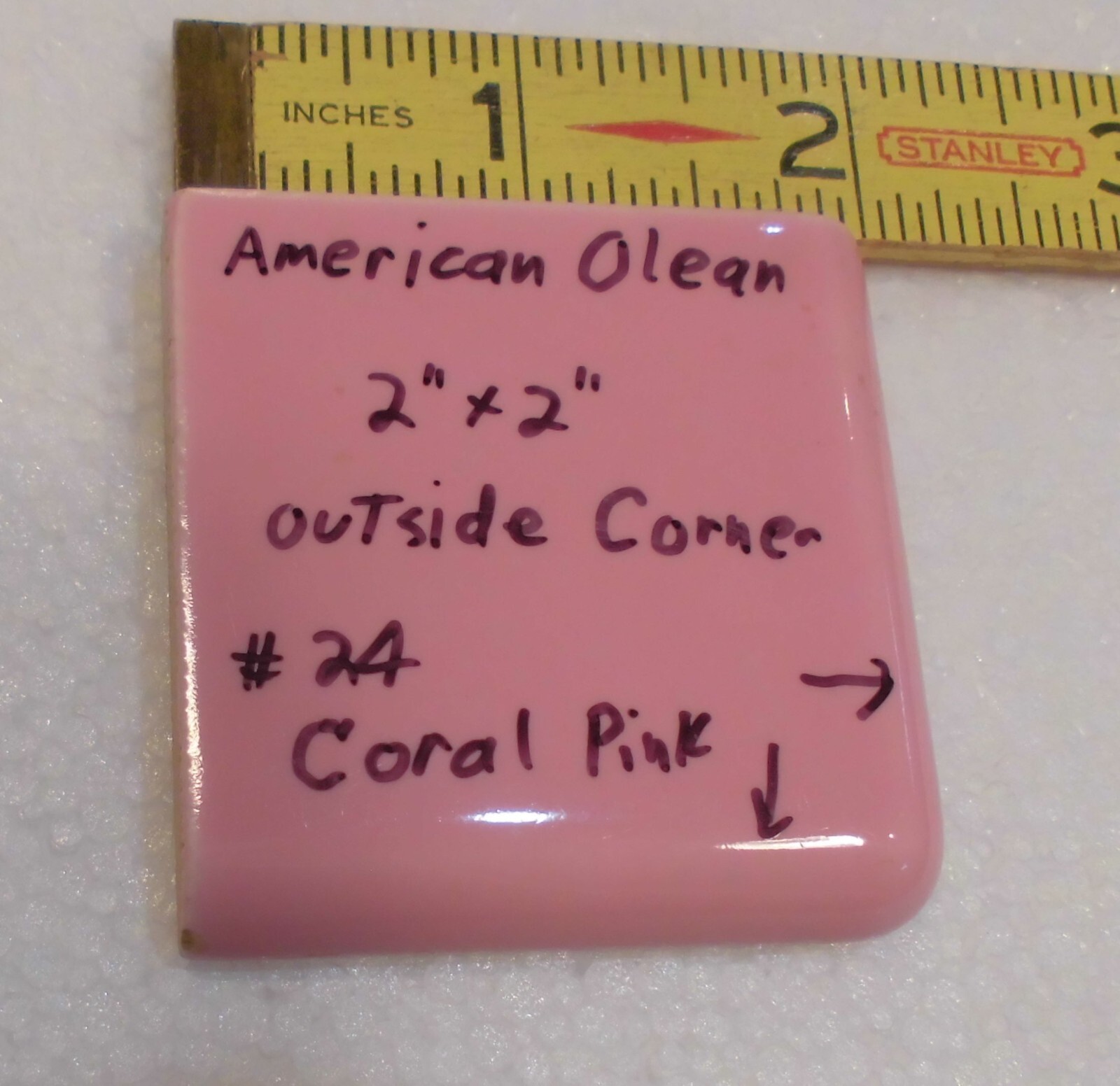 1 pc. Coral Pink: 2″ X 2″ X 5/16″ Glossy Ceramic Surface Bullnose Corner Tile