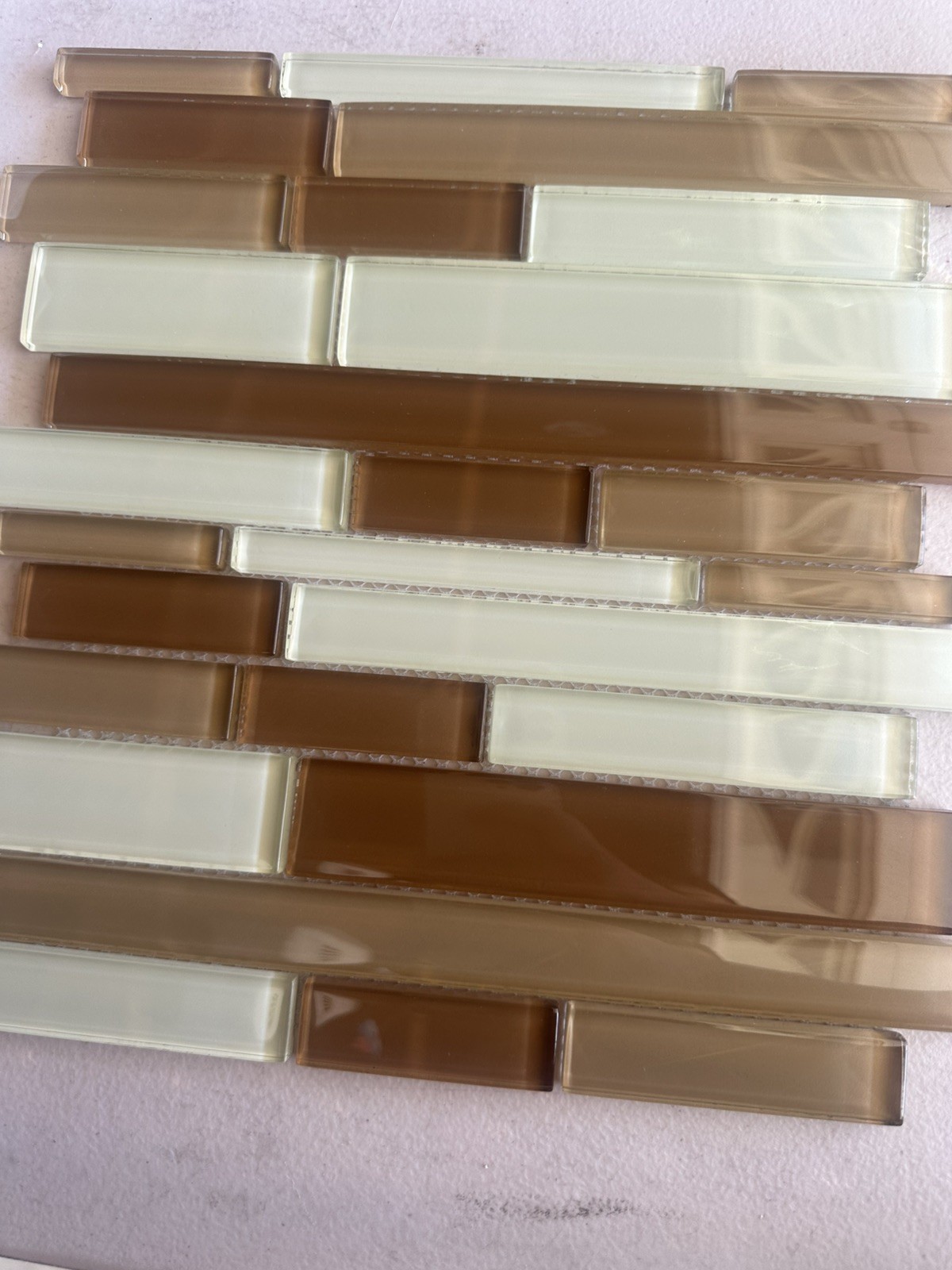Light Beige Mix Glossy Glass Mosaic Staggered Mesh Mounted