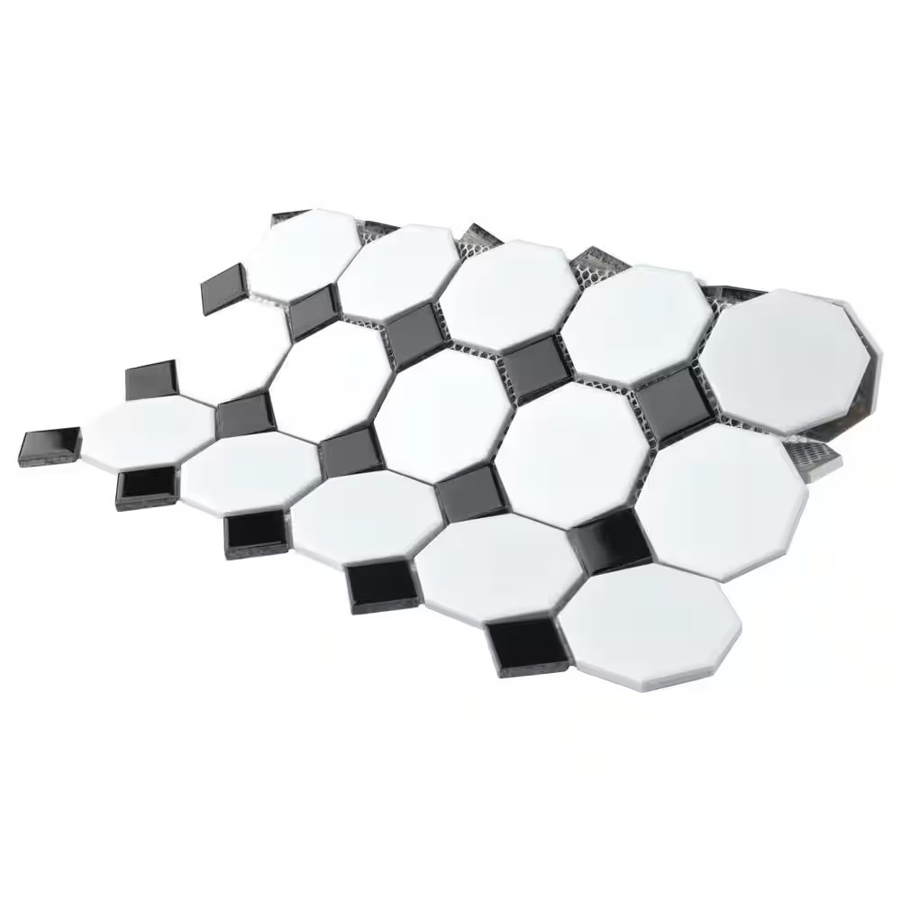 Metro Octagon Matte White with Black Dot 11-1/2 In. X 11-1/2 In. Porcelain Mosai