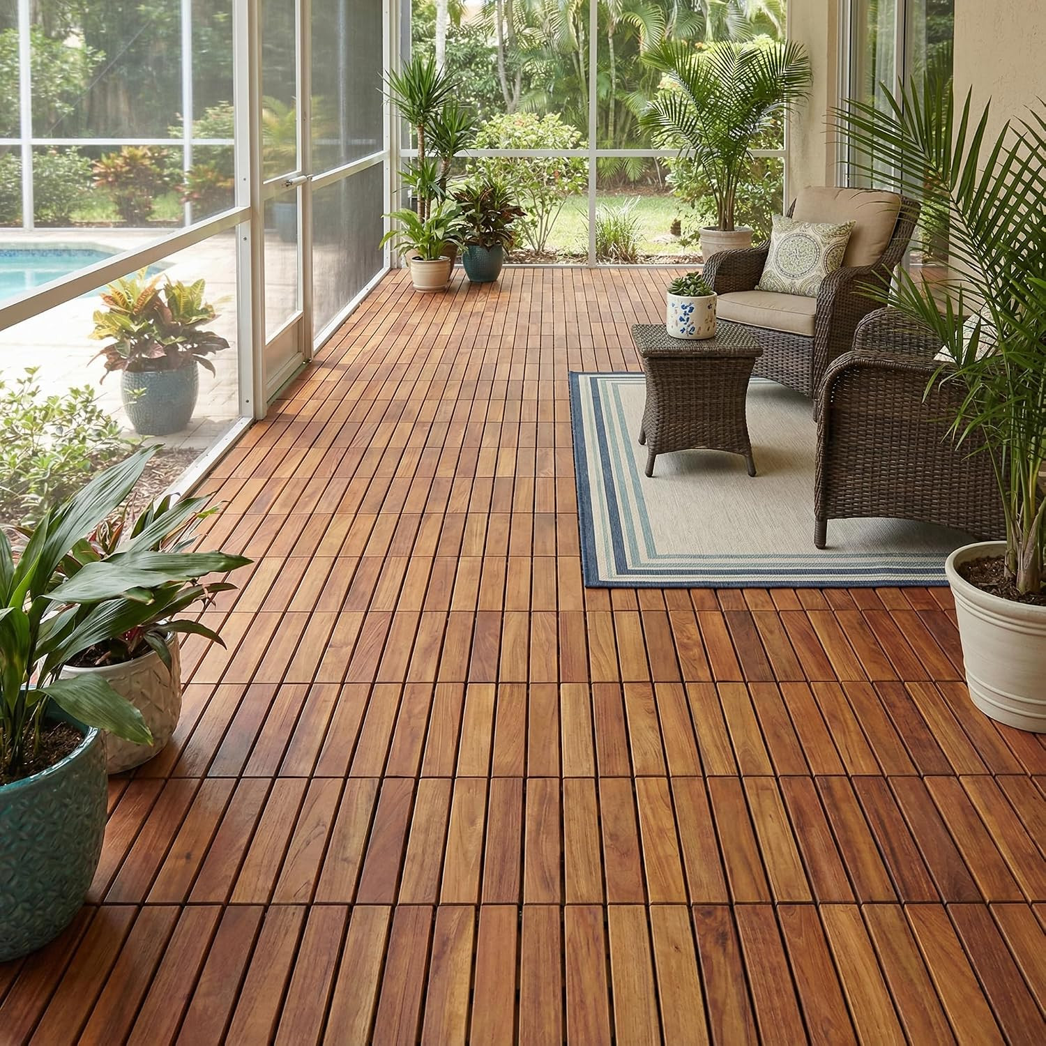 Ez-Floor Interlocking Flooring Tiles in Solid Teak Wood Oiled Finish (Set of 10)