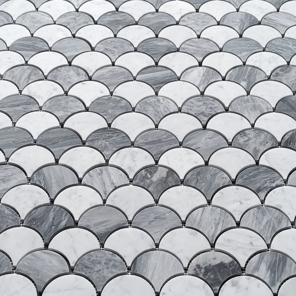 C9937XH Carrara White Bardiglio Gray Marble Fish Scale Fan Shape Mosaic Tile
