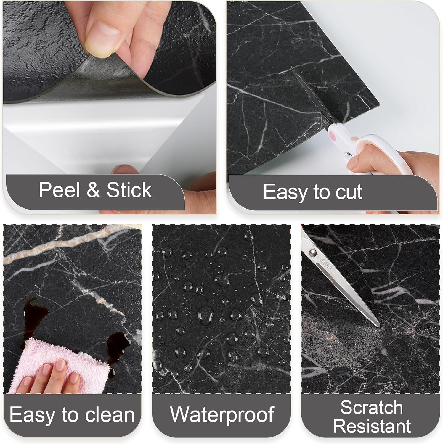 18 Pack Black Marble Peel and Stick Vinyl Floor Tiles 12″x12″ Waterproof