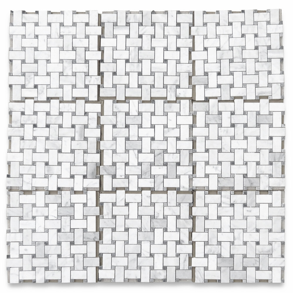 C657XH White Carrara Marble Basketweave Mosaic Tile Dark Gray Dots Honed