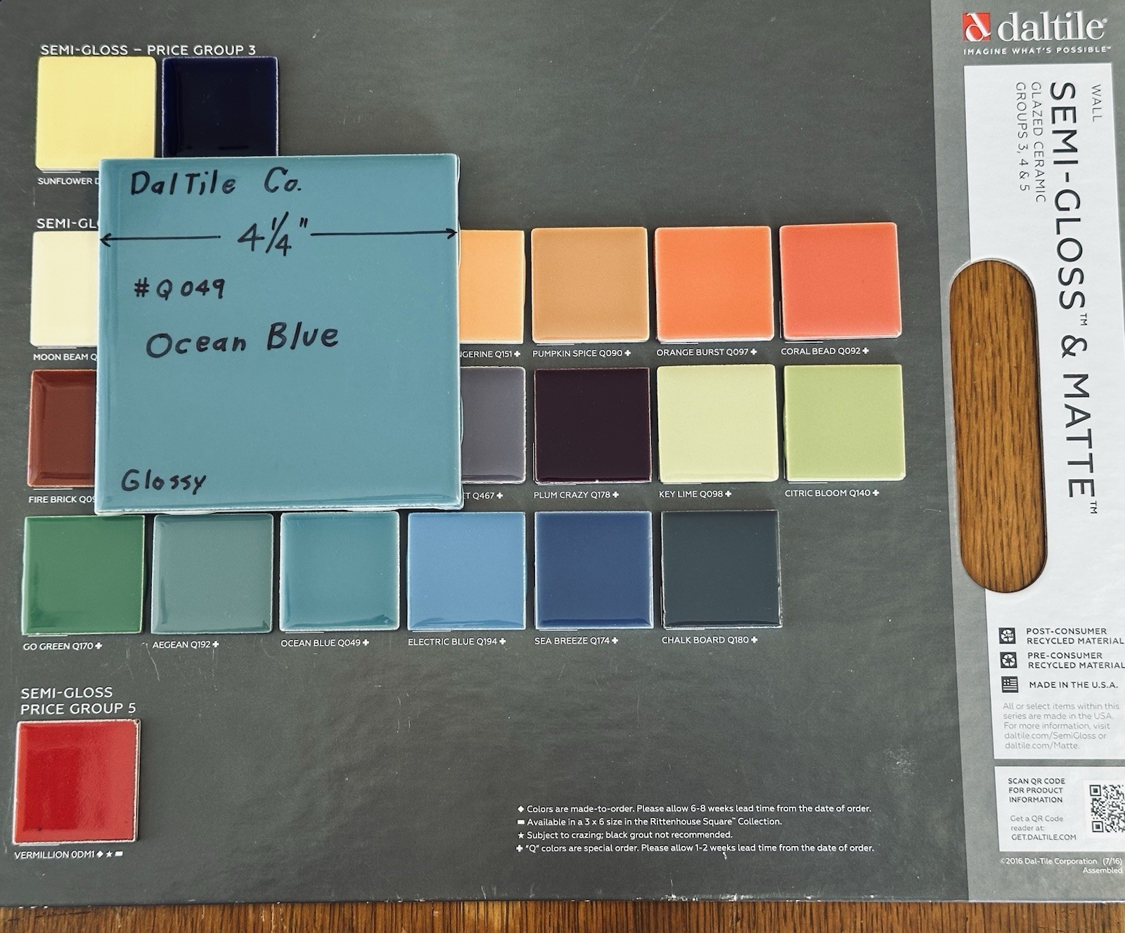 1 pc. Ocean Blue: Brilliant Gloss Ceramic Tile by Daltile…4-1/4″ Best Quality