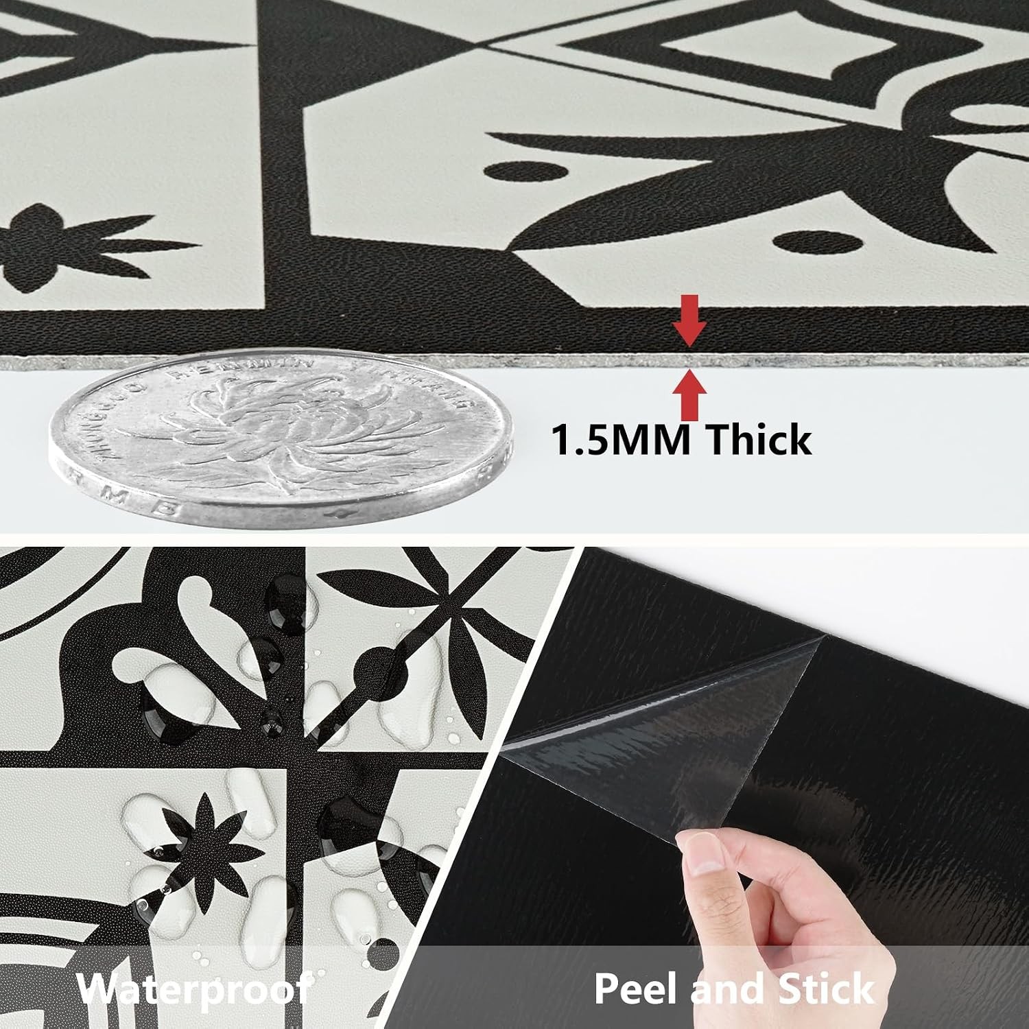 12″x12″ Black Boho Peel and Stick Floor Tile Waterproof Vintage Gothic Vinyl