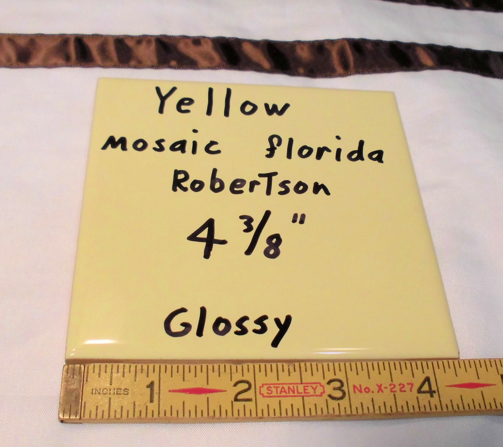 1 pc. Glossy Yellow Ceramic Tile 4-3/8″ ; Matches: Florida, Mosaic & Robertson