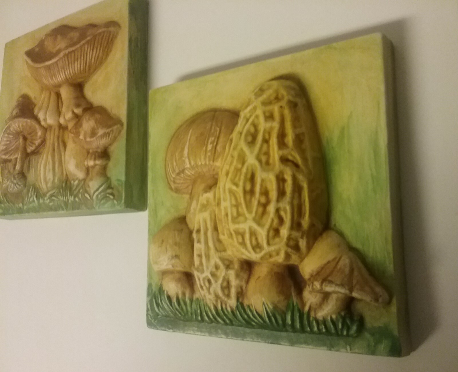Autumn vintage ceramic tile painted nature mushrooms pair of two
