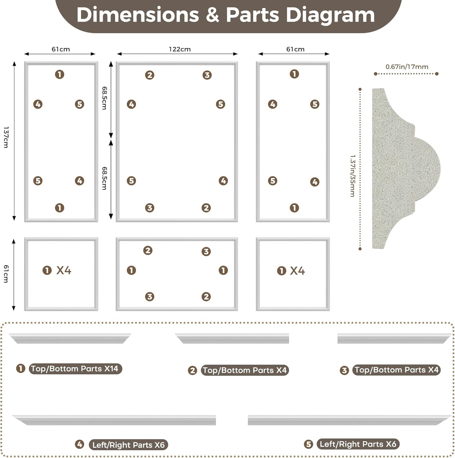 Pre-Cut Wall Molding Set of 6 pcs, Ready-to-Assemble Wainscoting Panels 34-PCS