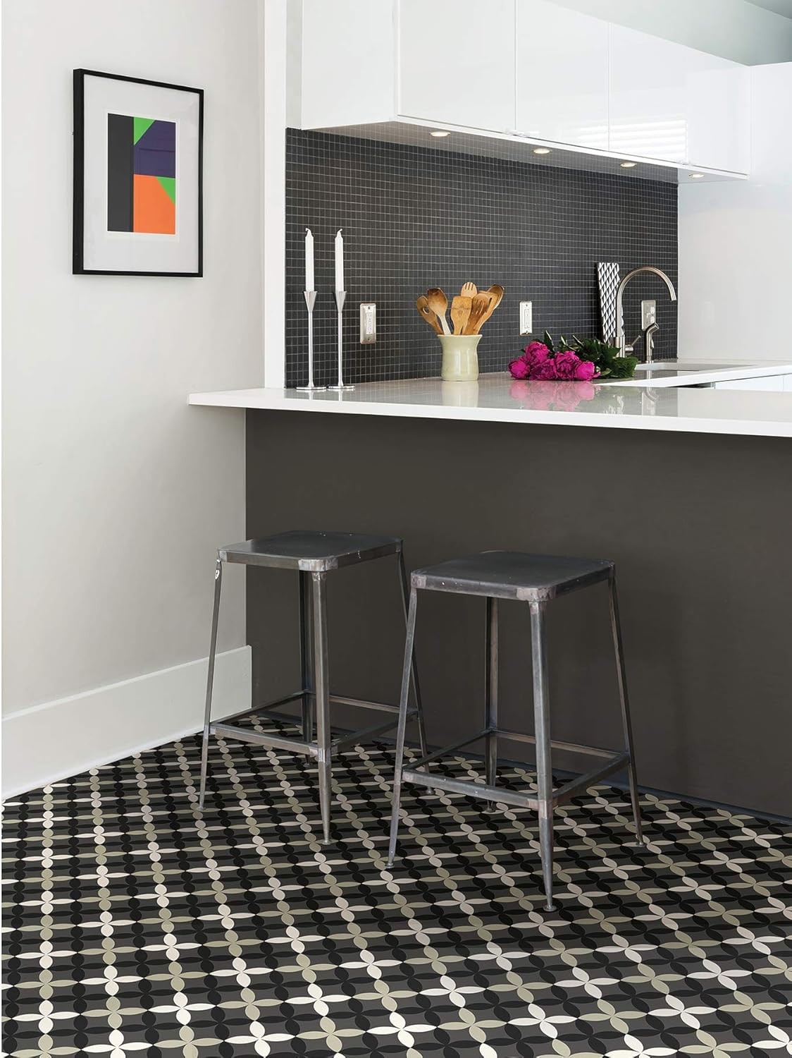 FloorPops FP3367 Arbor Peel & Stick Floor Tiles, 12″L x 12″W x 0.06″T, Black