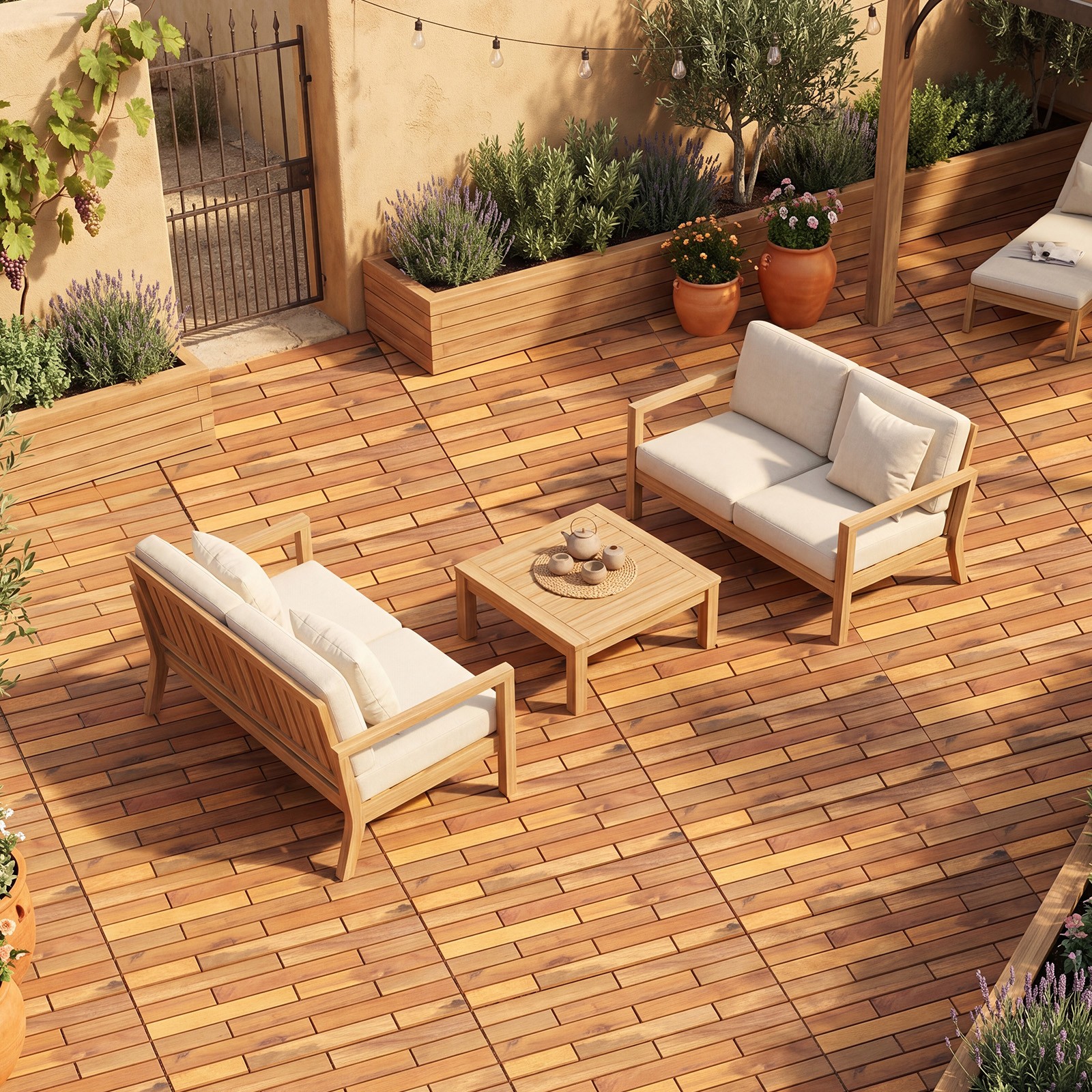 24″ x 12″ Acacia Wood Interlocking Deck Tiles, 36 PCS Waterproof Flooring Tiles