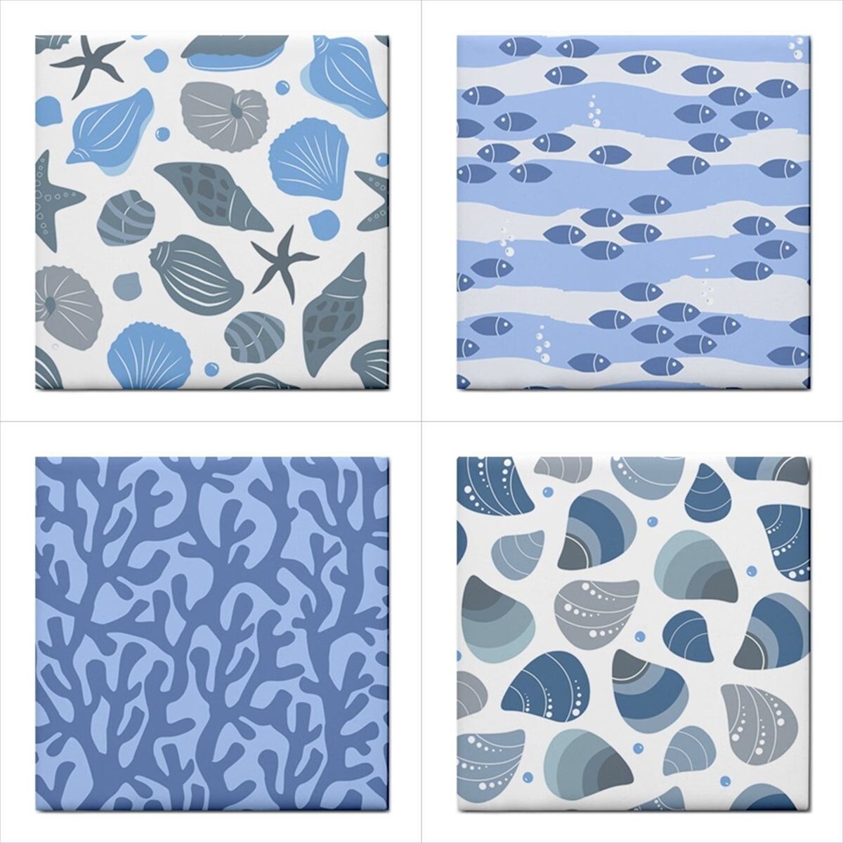 Sea Ocean Life Ceramic Tile Set Of 4 Modern Blue Backsplash Tiles 4.25 In