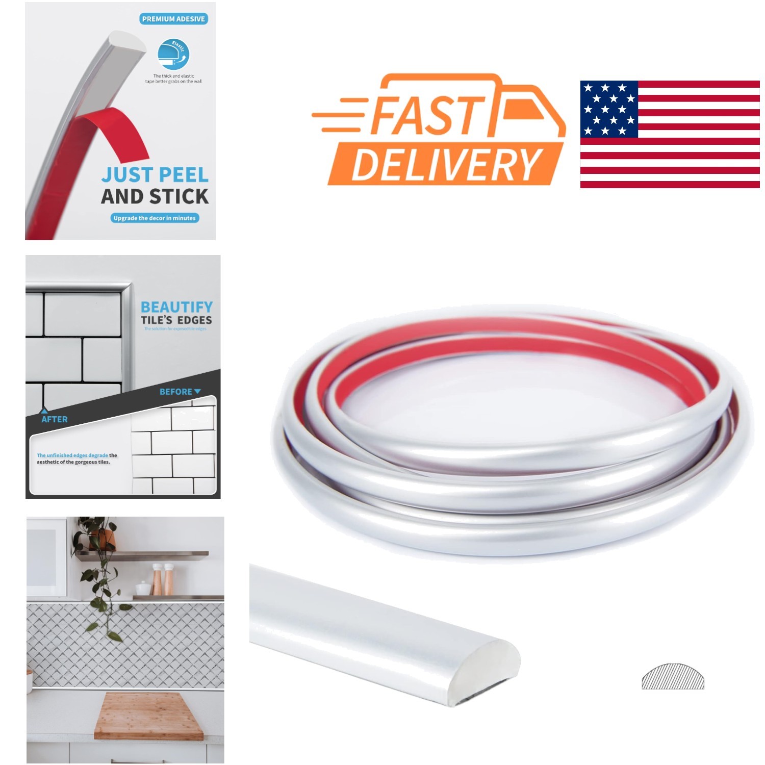 Peel and Stick Trim 25 Feet Silver Self Adhesive PVC for Backsplash Tile Edge
