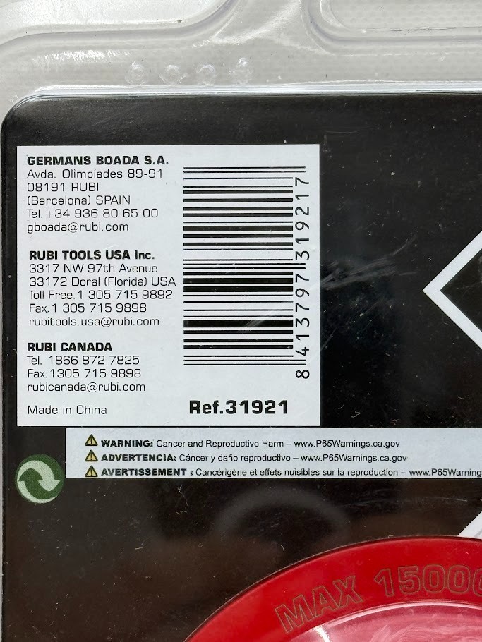 RUBI Model #31921 Stone Cup Wheel Diamond 4″ Grinding Wheel For Stone/Granite
