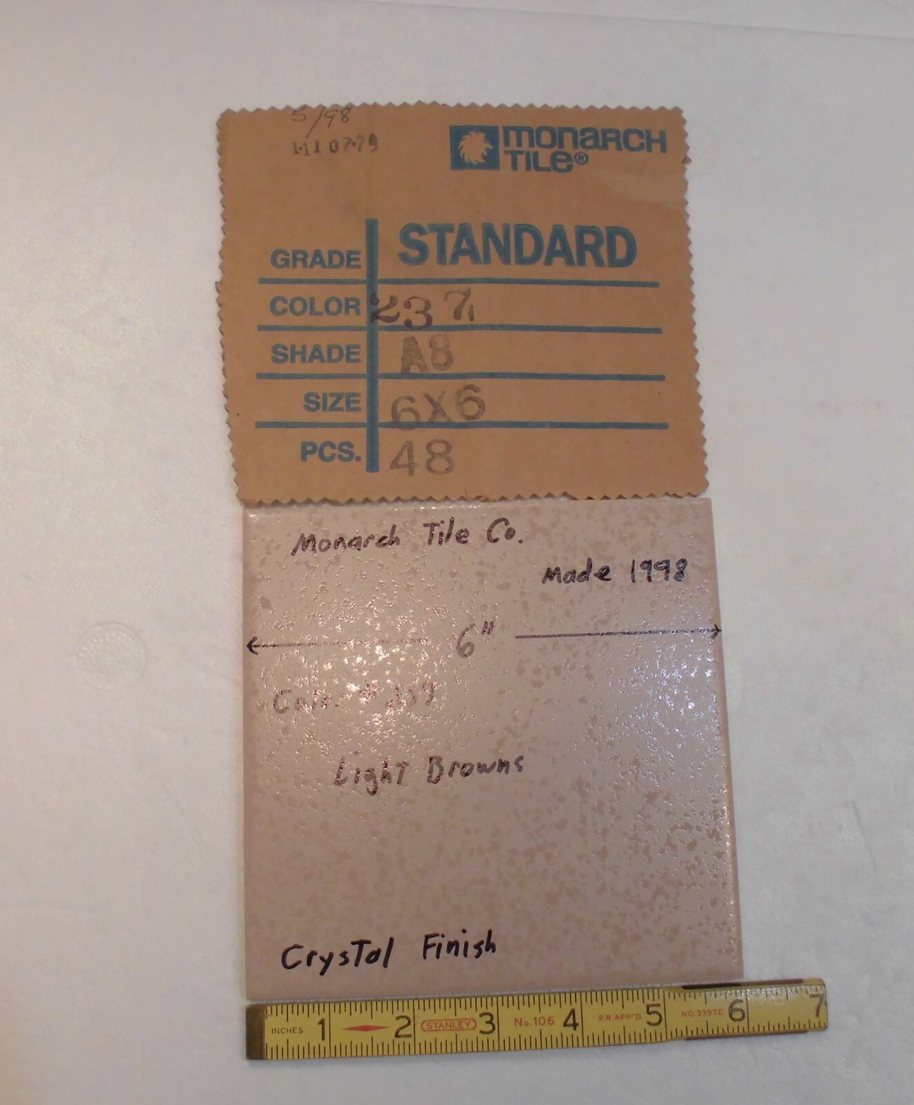 1pc. Light Brown Crystal Finish Ceramic Floor Tile: 6″ X 6″ by Monarch, made USA