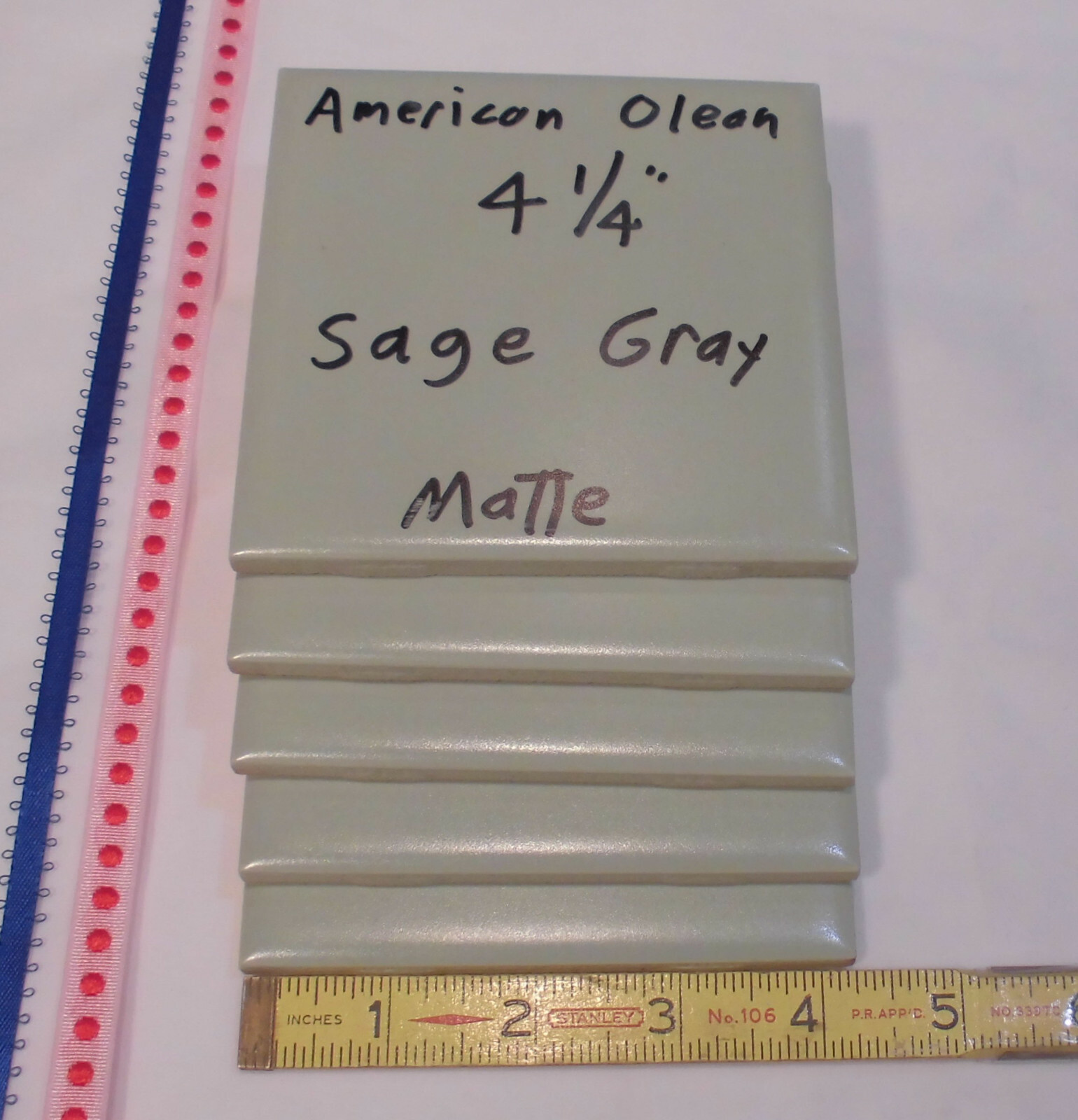 5 Ceramic Tiles *Sage Gray* by American Olean 4-1/4″ Greenest, Matte, NOS