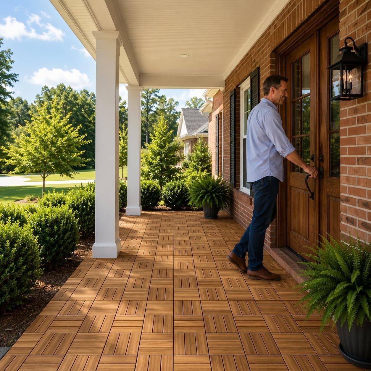 Stylish Golden Teak Interlocking Deck Tiles – Perfect for Backyard Elegance