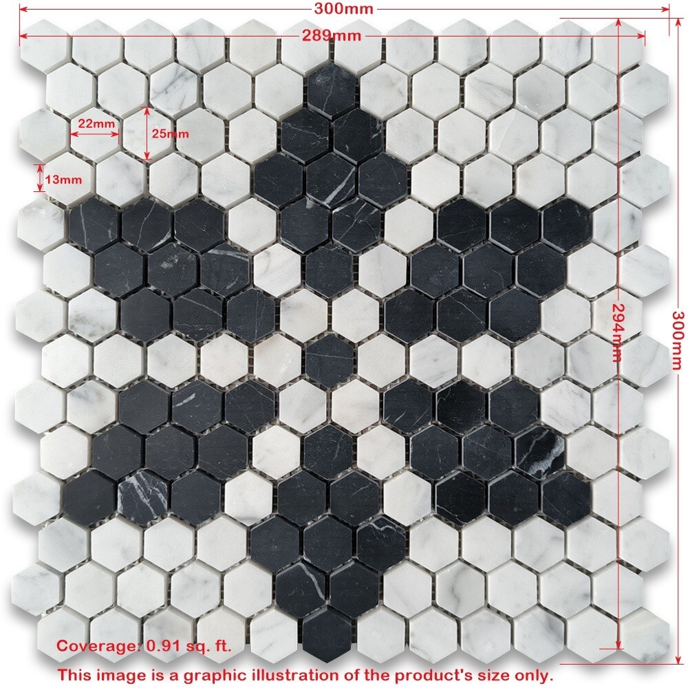 C31FAXH Carrara White Marble Hexagon Ice Crystal Mosaic Tile Marquina Black