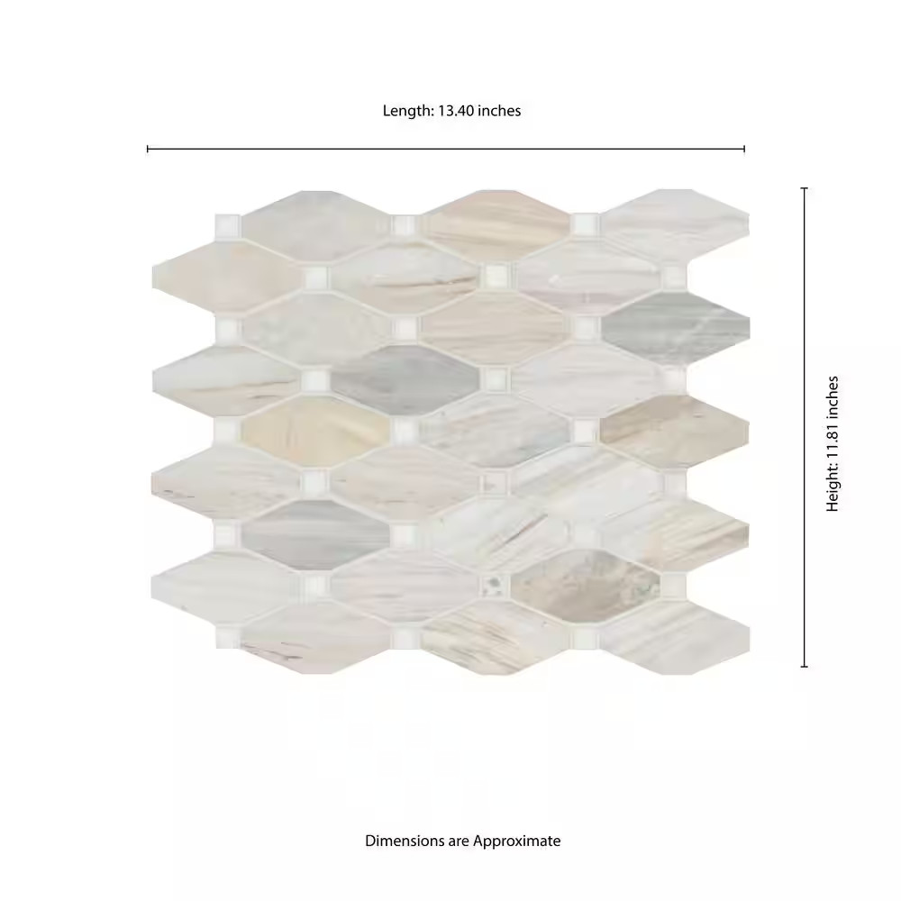 Angora Elongated Octagon 12 In. X 13 In. X 0.38 In. Polished Marble Mesh-Mounted
