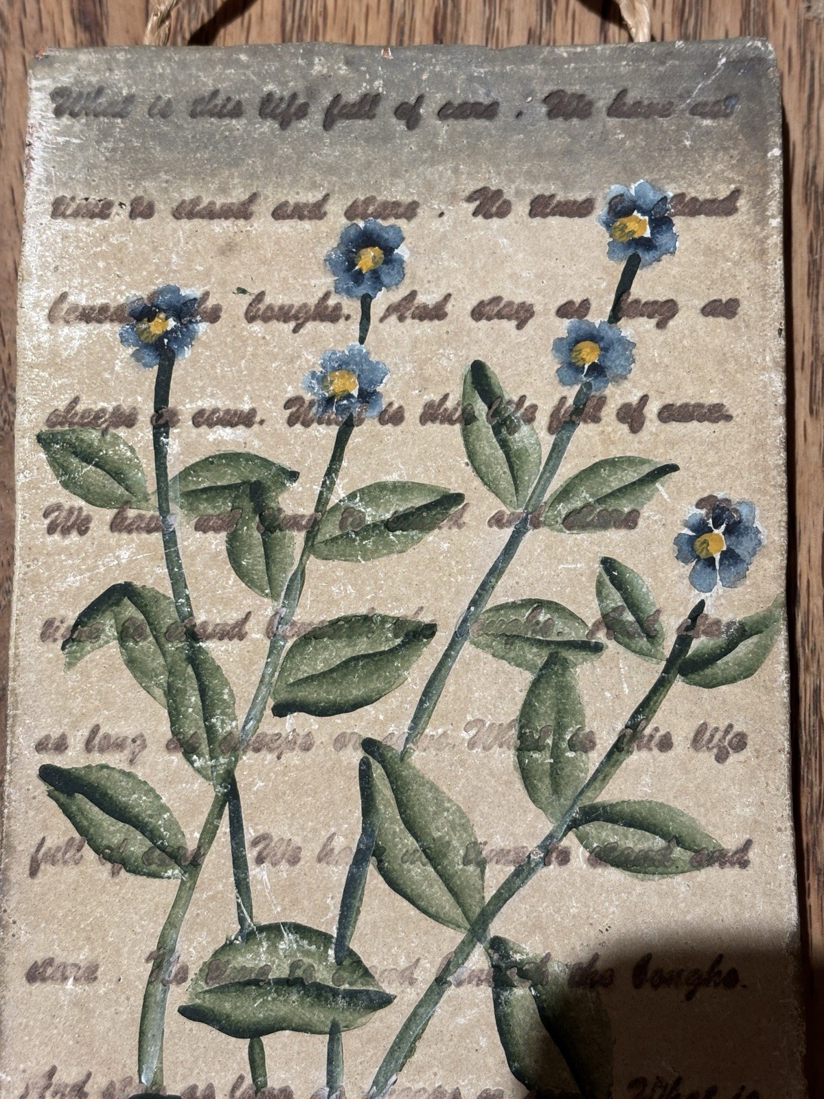 Vintage Wall Tile With Poem & Hand Painted Forget Me Nots Majolica Plaque