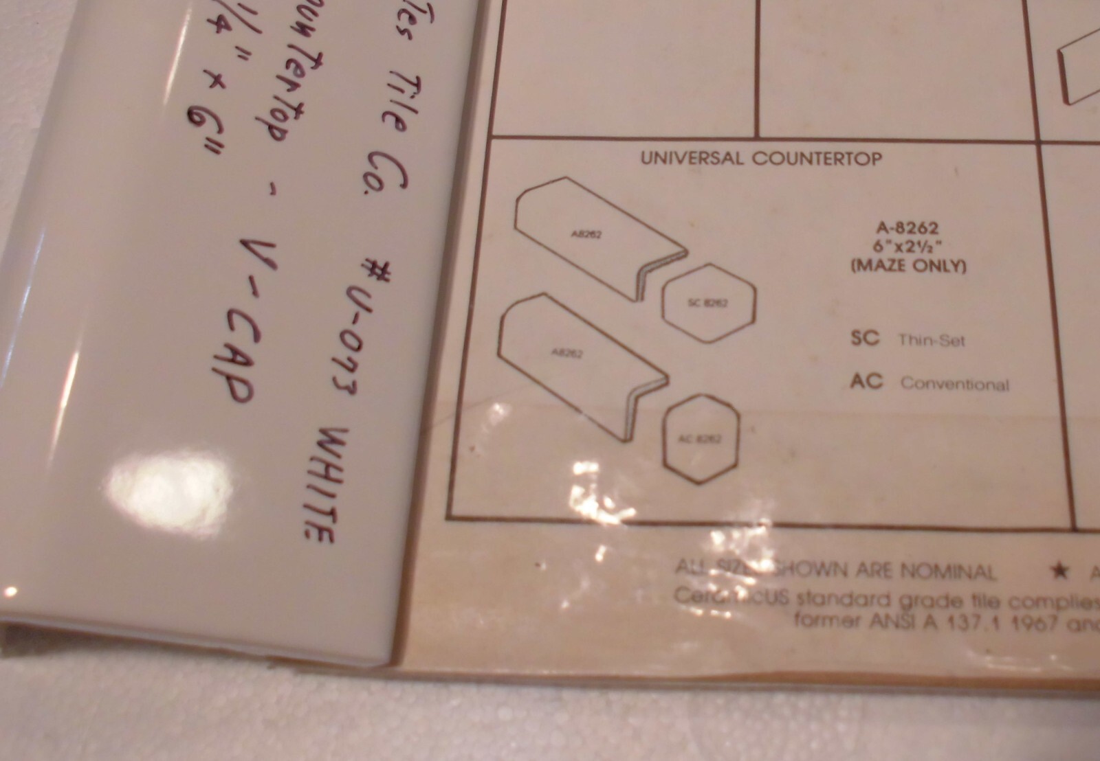 1 pc. Gloss White #U-073: V-Cap Ceramic Trim Countertop Tile: Reversable, U.S.A.