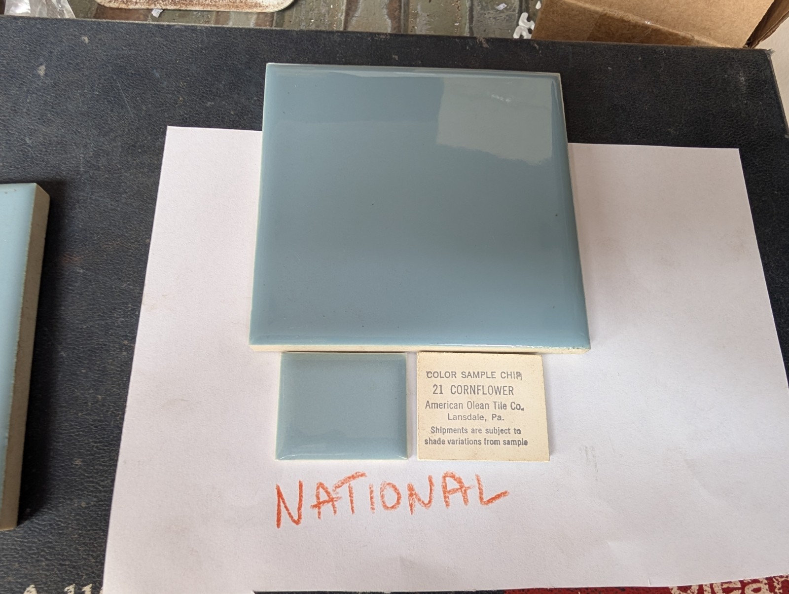 2 pc. Vintage 4-3/8″ Glossy Blue Ceramic National Tile Co. Sq. Edge Cornflower