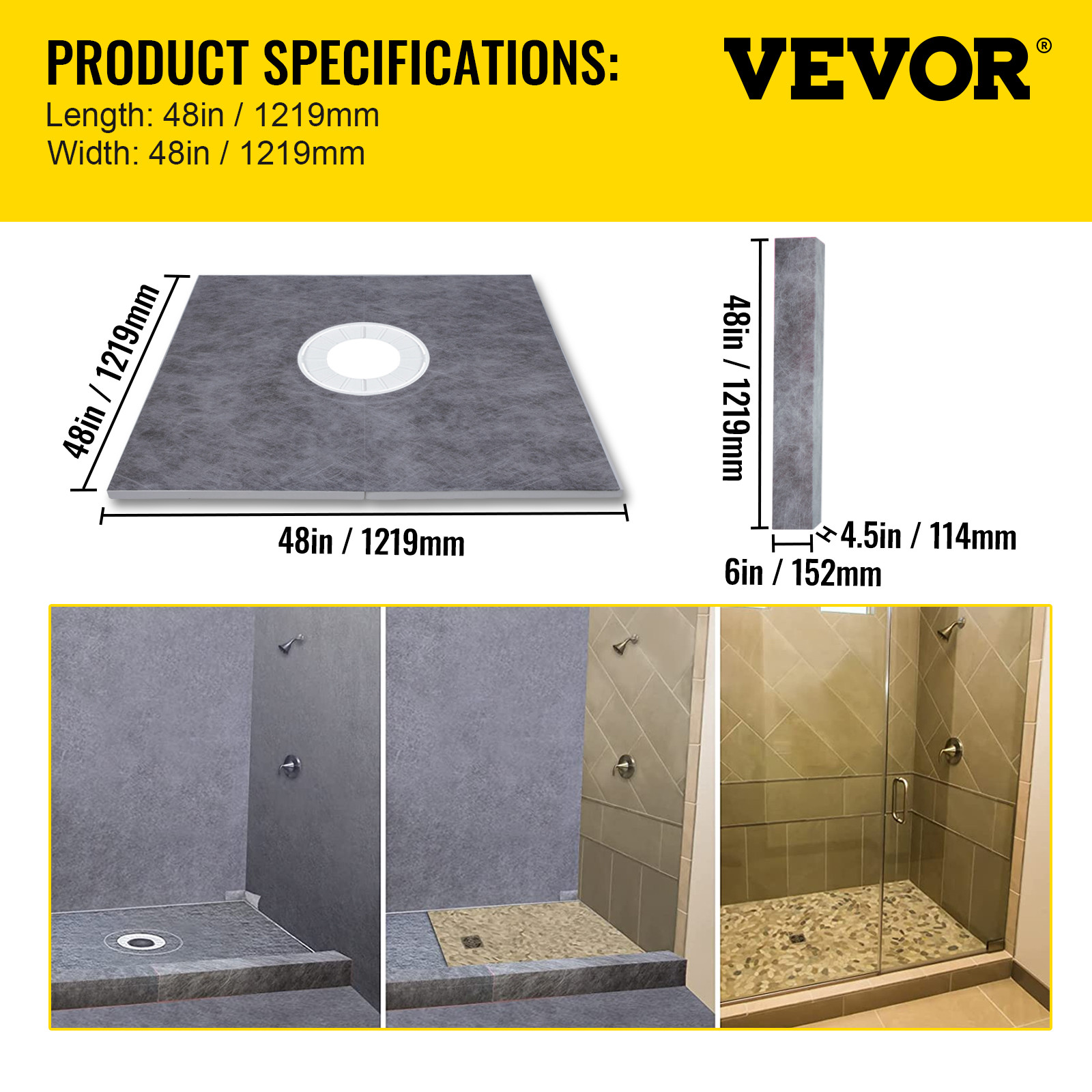 VEVOR Waterproofing Shower Kit Shower Kit Tray 48”x48” with Central Drain ABS