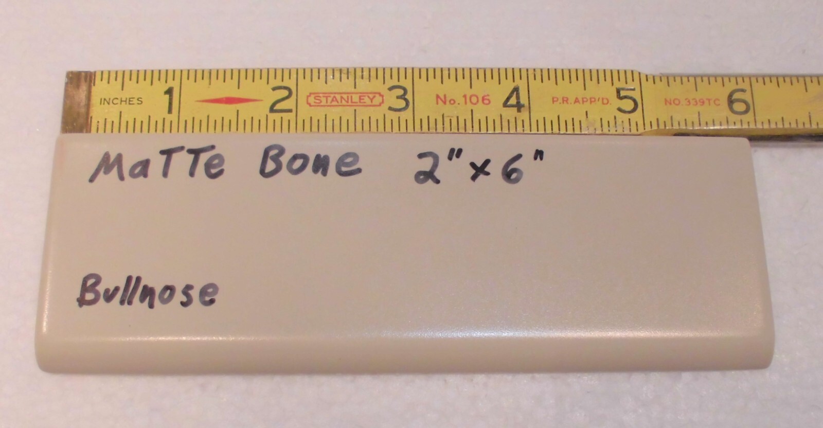 1 pc. Matte Bone – Almond: Ceramic Bullnose Tile 2” X 6” Flat-Surface Type, NEW