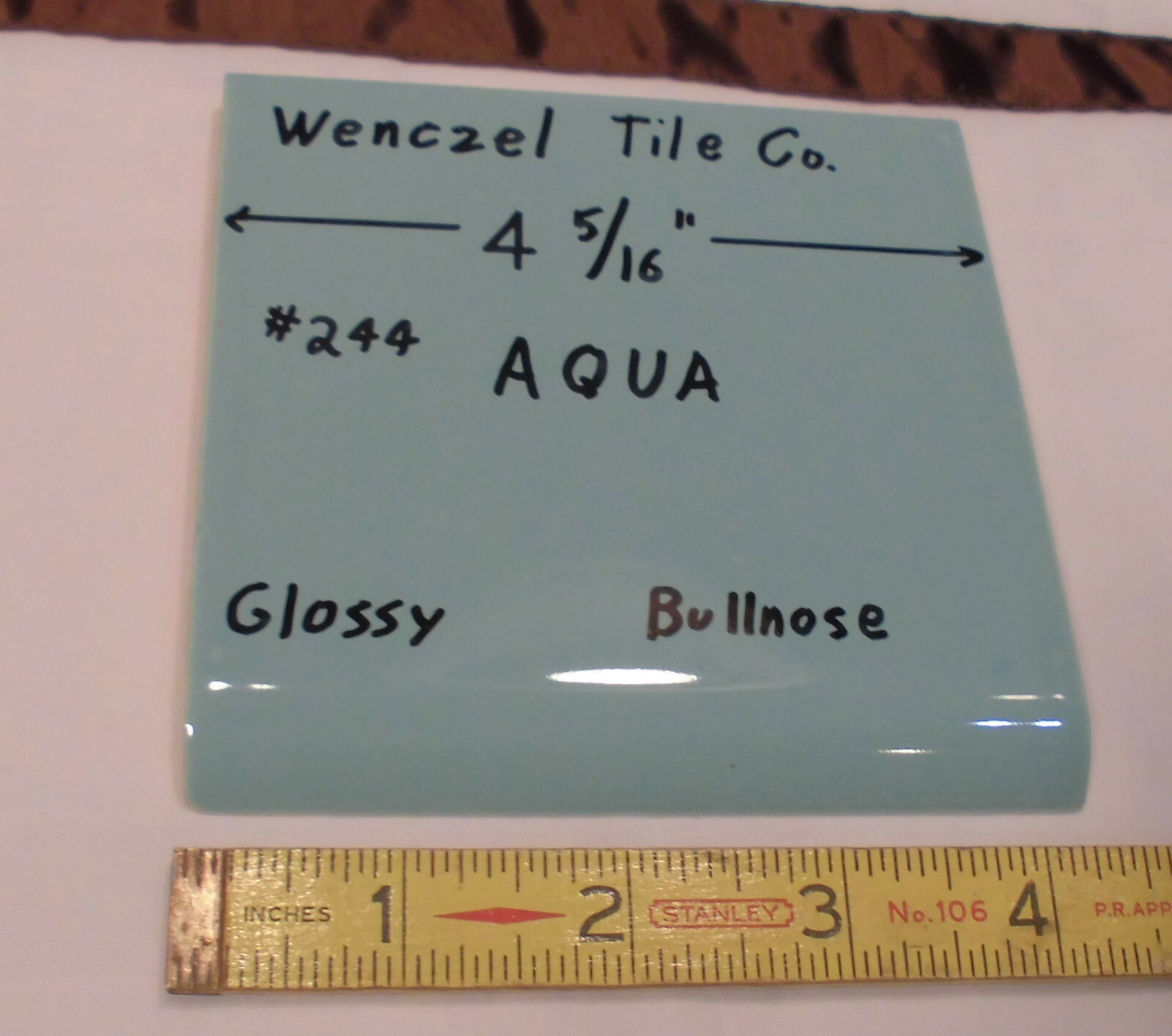 1 pc. Aqua #244; Blue-Green Glossy Ceramic Tile; Wenczel Tile 4-5/16″ Bullnose