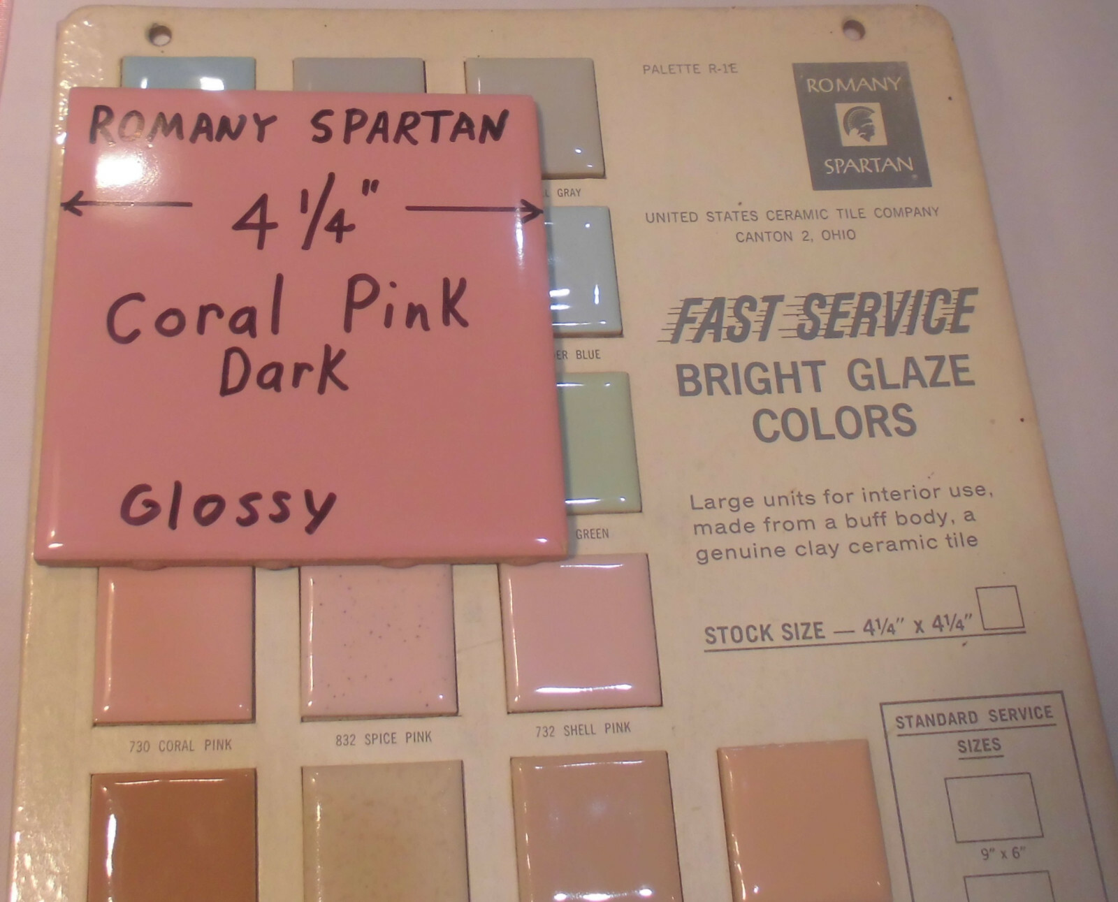 1pc. *Dark Coral Pink* 4-1/4″ Glossy Ceramic Tile; Romany Co. made 1940’s