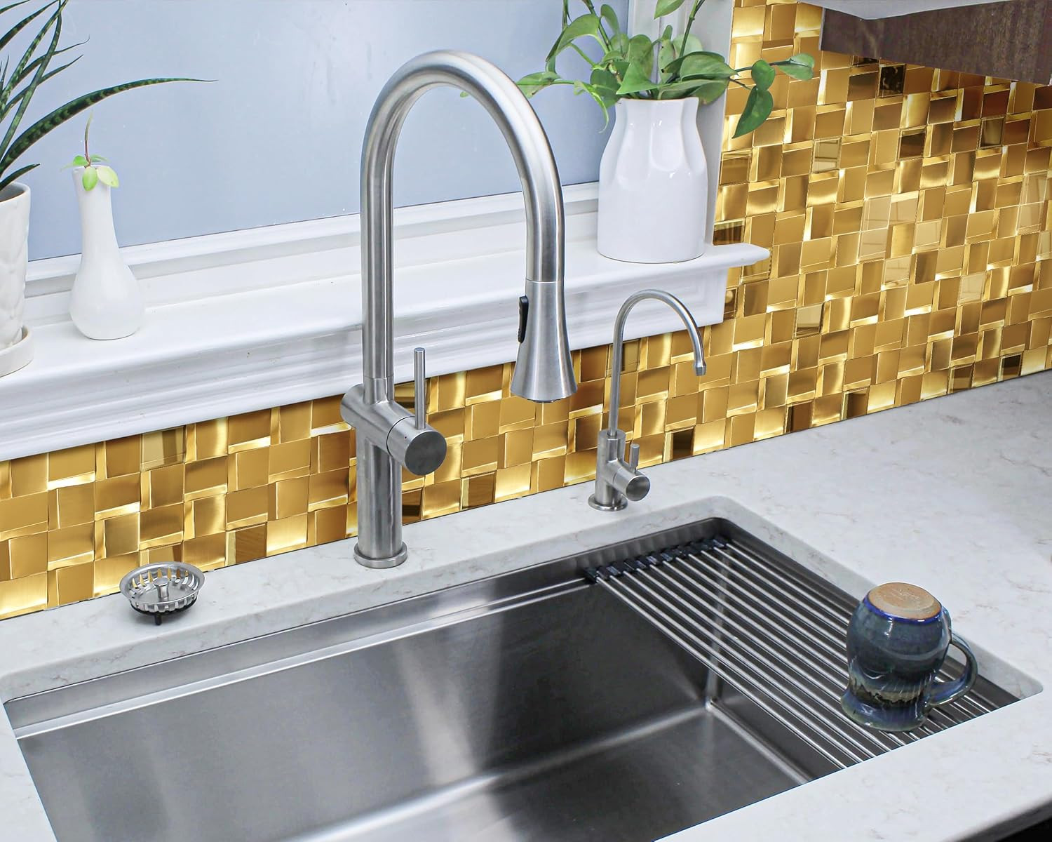 5 Sheets 3D Gold Metal Mosaic Tiles for Stunning Wall Backsplash – 5 Sq Ft