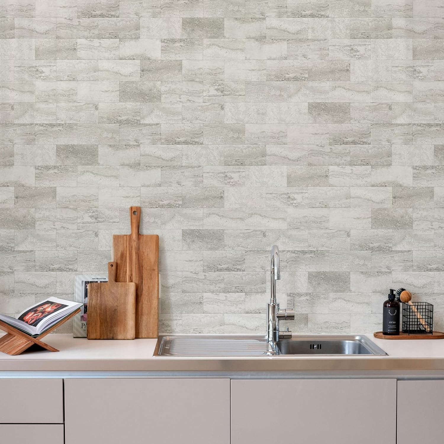 100-Piece Matt Beige Mixed Grey Slate Peel and Stick Backsplash Seamless Tile…