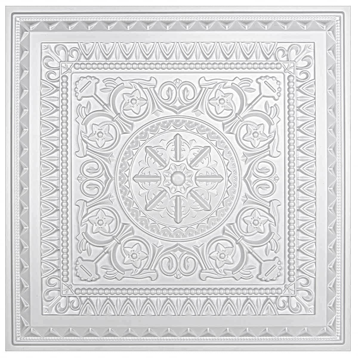 48 Sq Ft 24×24 White PVC Modern Floral Glue Up Ceiling Tiles, Water Resistant