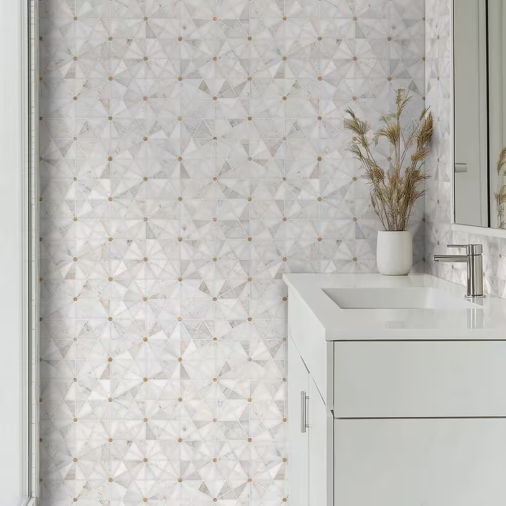 Elegante White Pinwheel 11 In. X 12 In. Stone/Metal Mesh Mounted Mosaic Floor an
