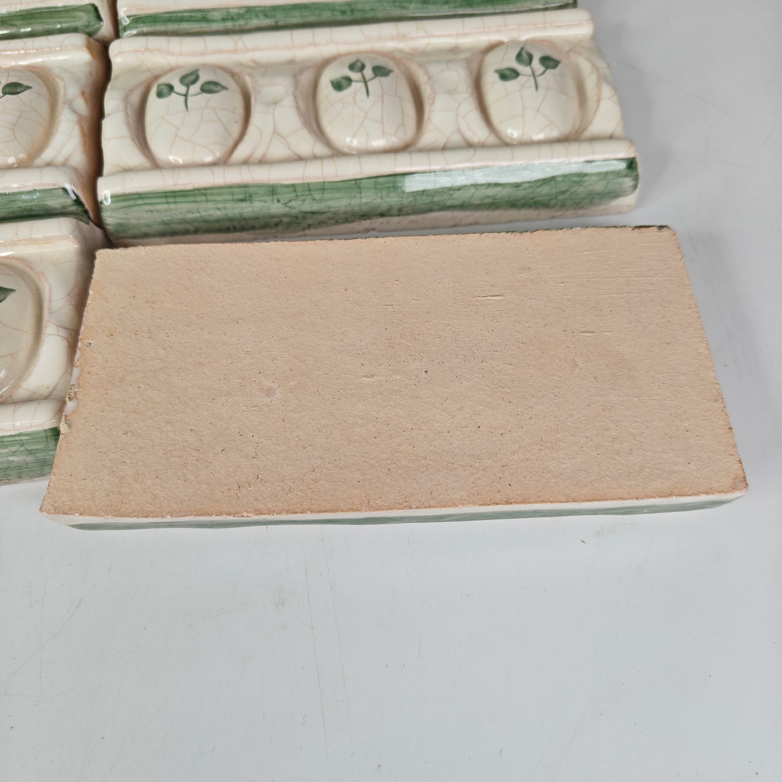 Lot 12 Vintage Embossed Border Terracotta Tile Cream Crackle Green Leaf 6×2.75″