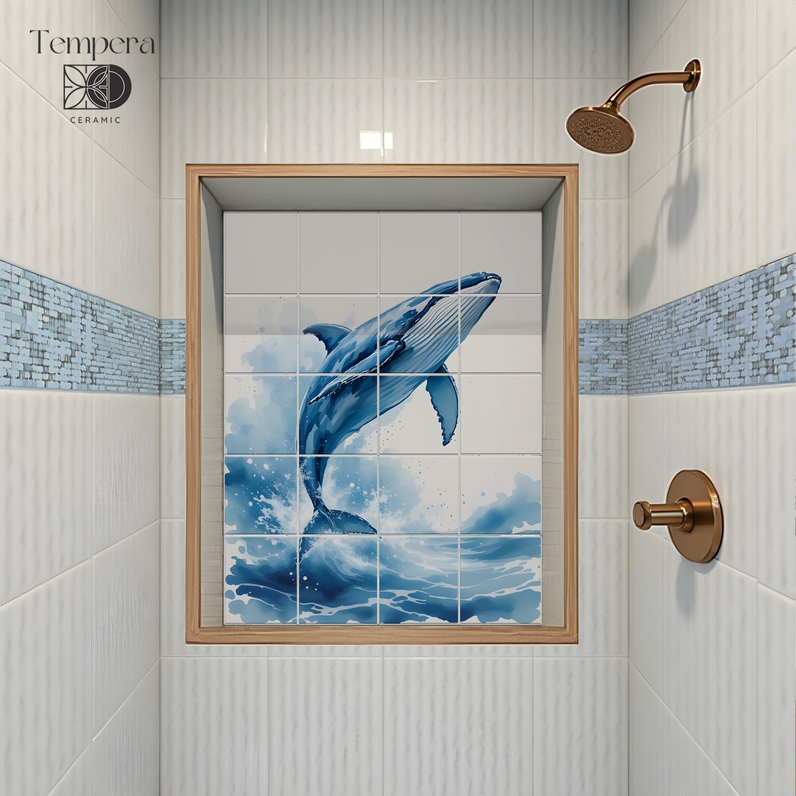 Whale tiles mural for bathroom decor, nautical shower niche tiles, bathroom tile