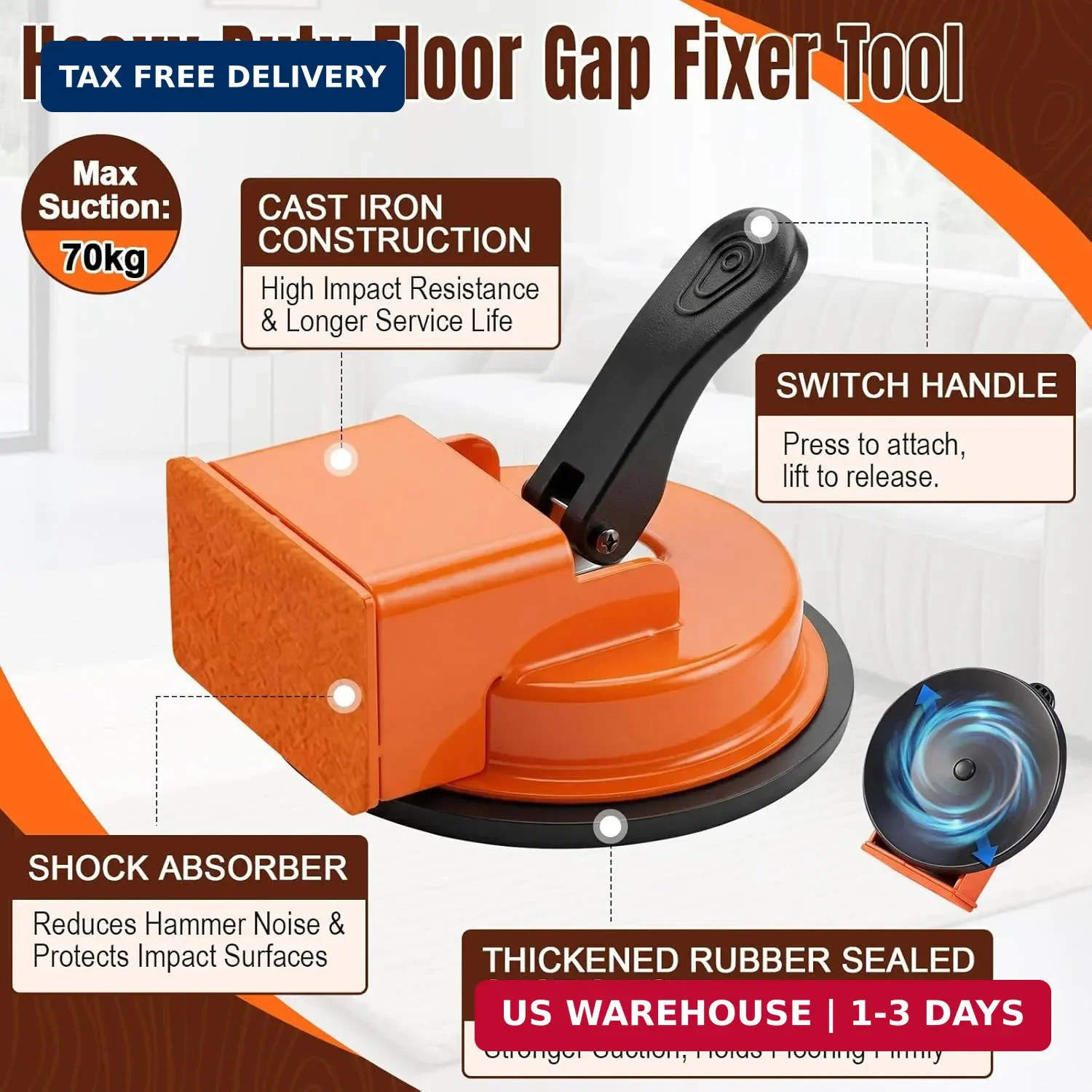 Floor Gap Fixer Tool, Heavy Duty Floor Suction Cup with 5 Non-Slip Pads, Carbon