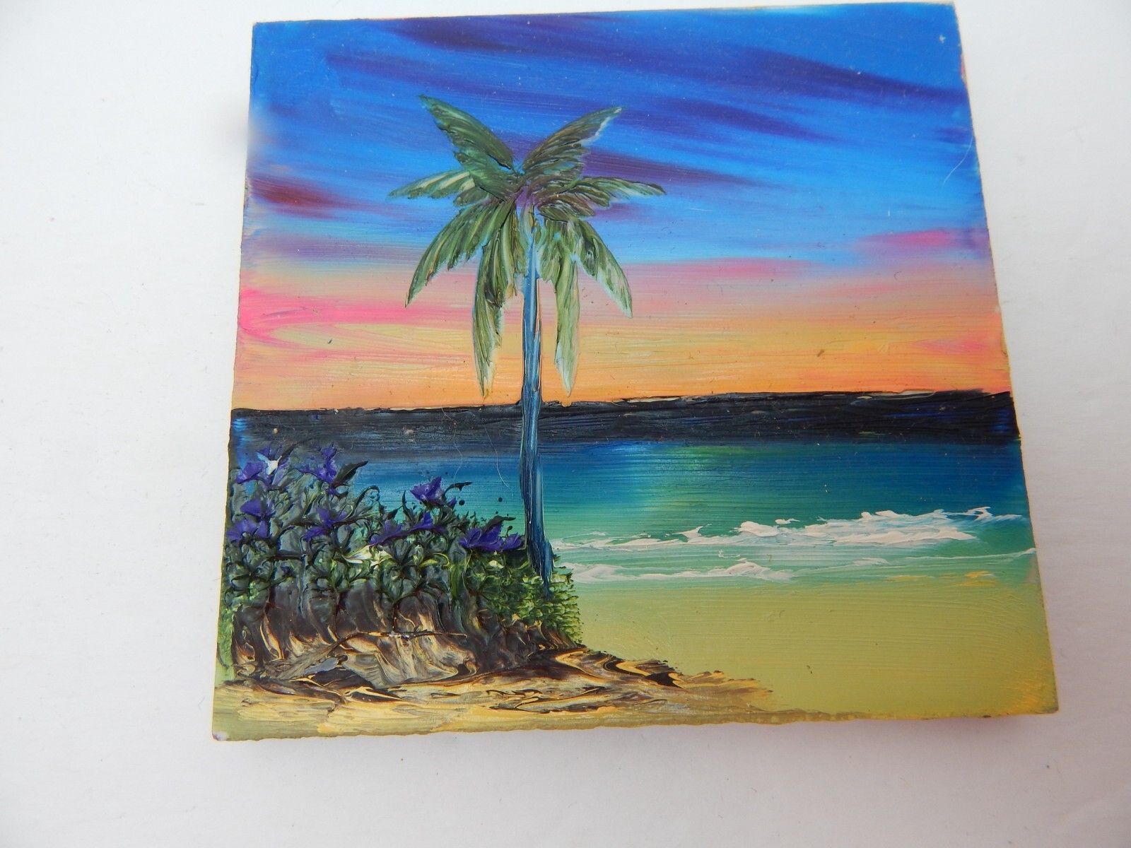 Painted Clay Tile Beach Water Palm Tree Sunset 4 In X 4 In Bathroom Kitchen w278
