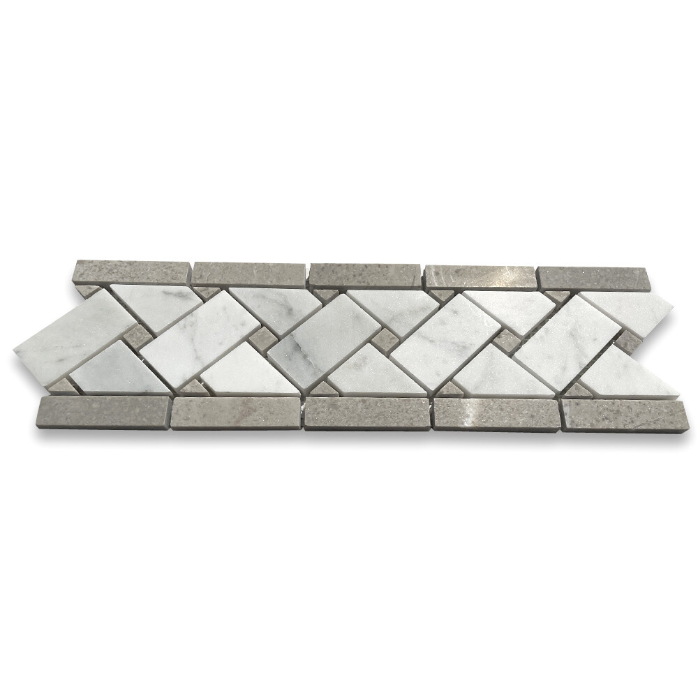 C653BXH Carrara White Marble Basketweave Mosaic Border Gray Dots Honed 4×12