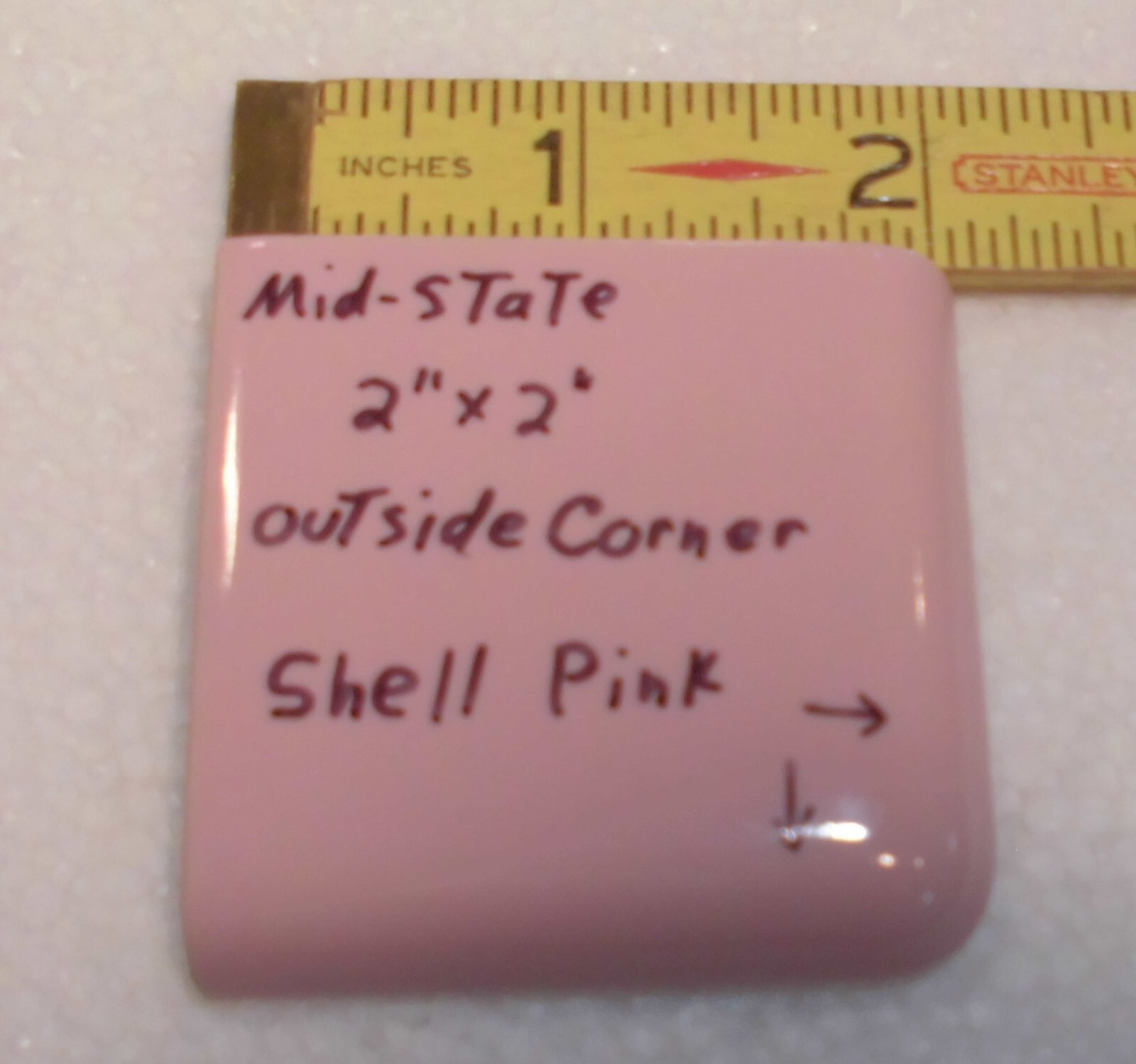 1 pc. Shell Pink: 2″ X 2″ X 5/16″ Glossy Ceramic Surface Bullnose Corner Tile