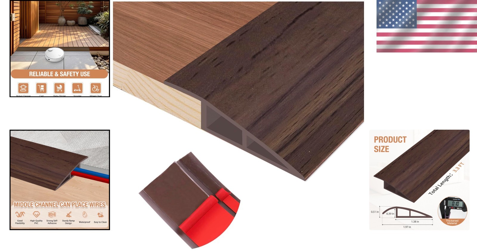 Easy Install Deep Brown Floor Transition Strip – 1/5″ to 2/5″, 3.3ft PVC Design