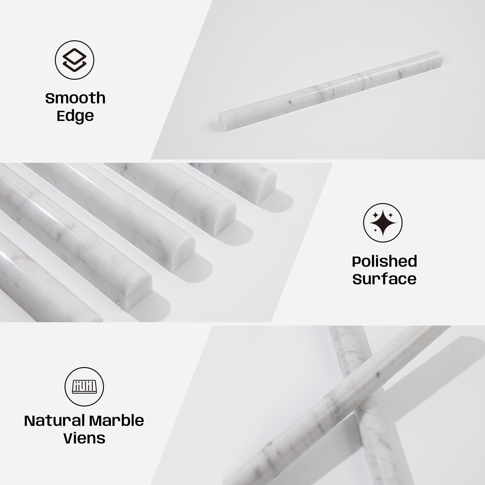 Carrara White Marble Pencil Trim Liner, 3/4″X12″ Bullnose Tile Edge Trim for …
